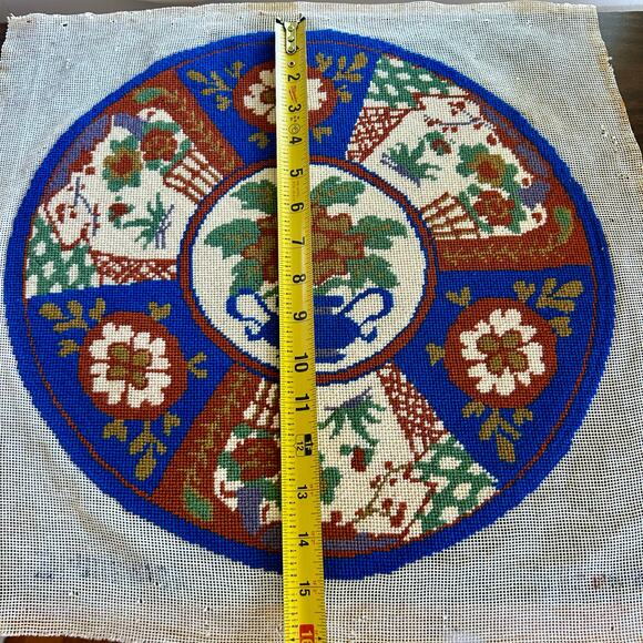 Vintage Round Floral Basket & Urn Needlepoint in Blue, Rust, & Ivory – Unframed - Picture 5 of 9